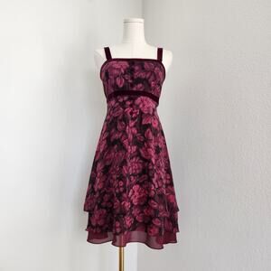 Vintage Kay Unger Wine Red Floral Velvet Strap Silk Dress Whimsigoth Evening 2